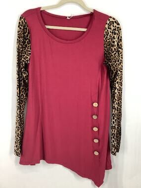 Viishow Maroon Leopard Print Buttoned Pullover Sweater Women's Size Medium
